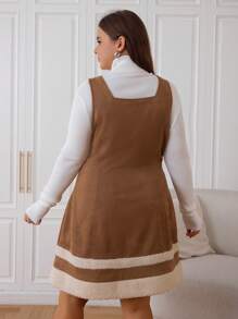 SHEIN EZwear Plus Size Color Block Suedette Suspender Dress - Khaki - View 2