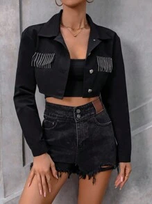 SHEIN Essnce Viền rìa Áo Jacket Crop - màu đen - Xem 1