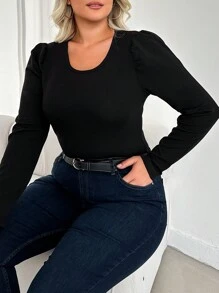 RueChic Plus Solid Puff Sleeve Tee - Black - View 3