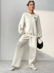 SHEIN Unity Conjunto de 2 piezas de top de manga larga con hombros caídos y pantalones de punto waffle para mujer - Albaricoque - Ver 5