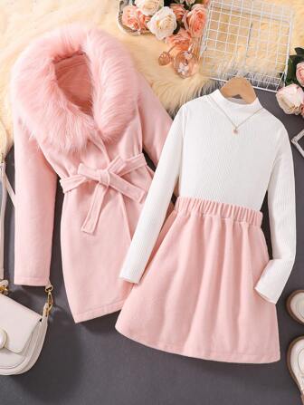 SHEIN Tween Girl Fuzzy Trim Belted Coat & Skirt & Tee