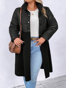 SHEIN LUNE Plus Two Tone Snap Button Front Padded Padded Coat Clothes Winter Thermal - Black - View 5