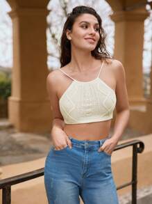 SHEIN Frenchy Lace-up Back Crop Cable Knit Top