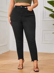 SHEIN Privé 大碼高腰毛邊緣緊身牛仔褲 - 黑色 - 查看 1