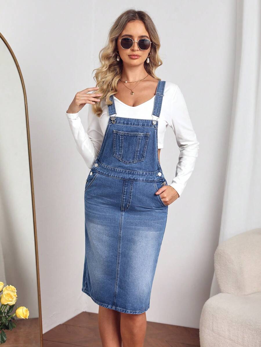 SHEIN Tall Túi nghiêng Váy denim tổng thể Without Tee - Rửa trung bình - Xem 1