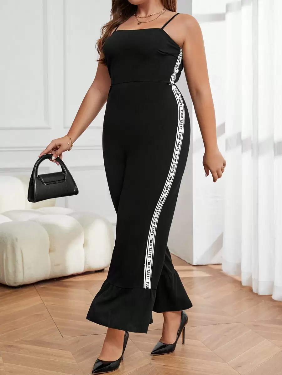 SHEIN Privé Plus Contrast Letter Tape Side Cami Jumpsuit - Black - View 1