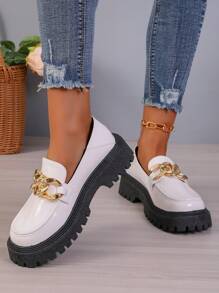 女款厚底懶人鞋,2023年秋季新品,圓頭,多用途米色皮革鞋,英倫風格專利皮革厚底鞋 - 米色 - 查看 7