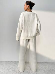 SHEIN Unity Conjunto de 2 piezas de top de manga larga con hombros caídos y pantalones de punto waffle para mujer - Albaricoque - Ver 2