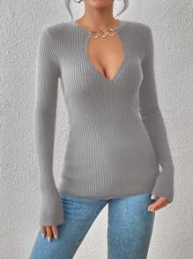 SHEIN Privé Chi tiết chuỗi Cắt ra phía trước Đồ đan Ribbed Bọc Áo len - Xám - Xem 6