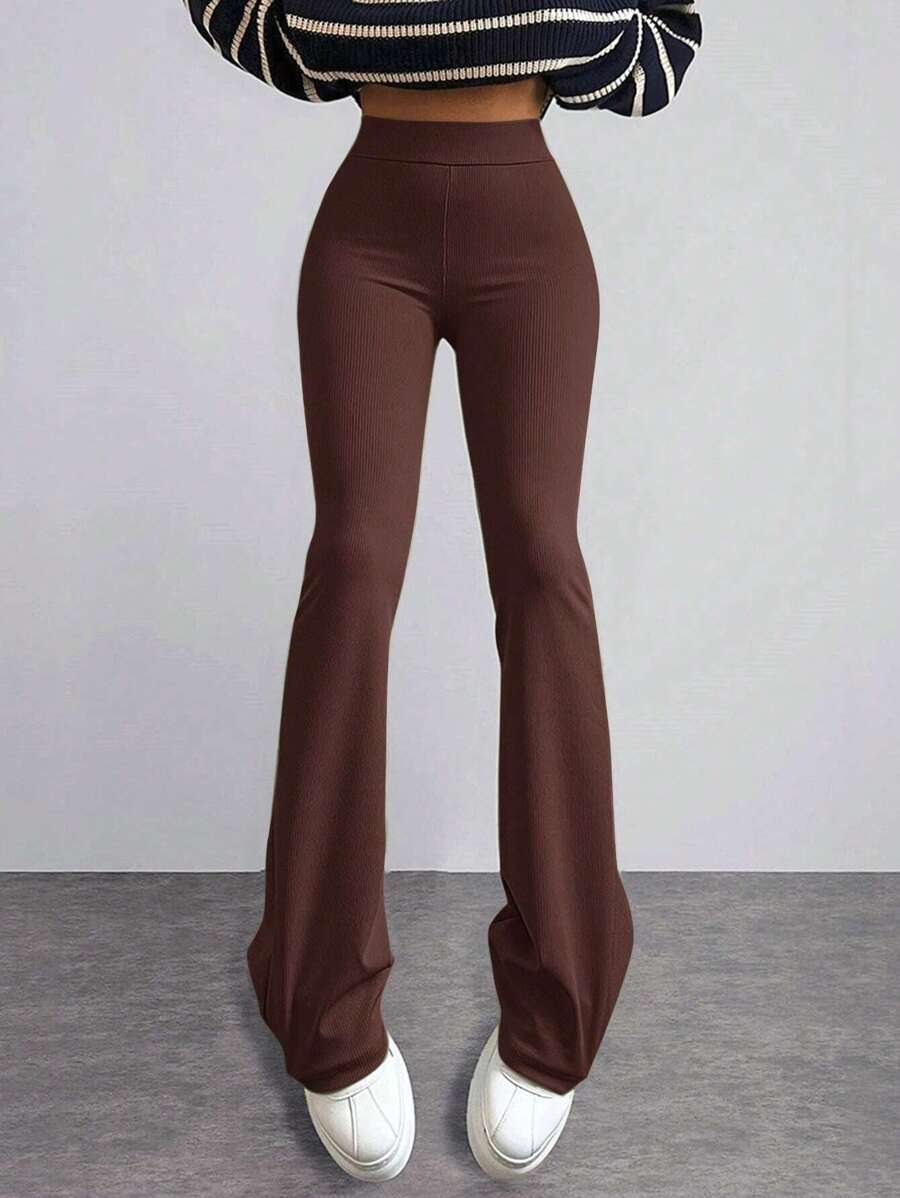 EURMUSE High Waisted Flare Leg Trousers - Chocolate Brown - View 1
