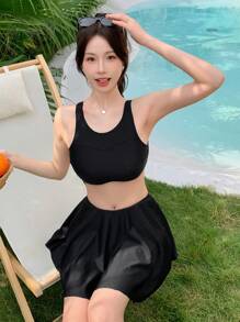 DAZY Solid High Waist Tankini For Summer Beach Vacation - Black - View 6