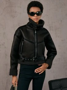 SHEIN Essnce Zip Up PU Leather Belted Moto Jacket - Black - View 3