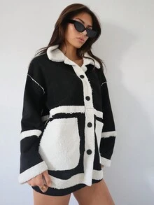 SHEIN Essnce 撞色前紐扣雙口袋落肩袖外套 - 黑色 - 查看 4