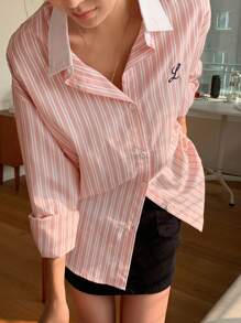 DAZY Letter Embroidered Striped Shirt - Pink - View 6