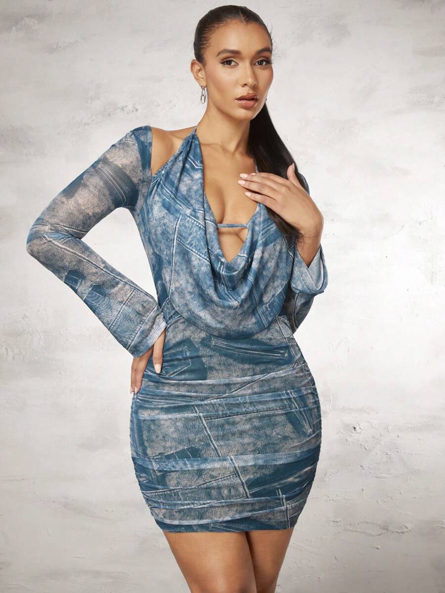 SHEIN BAE Ladies' Denim Effect Printed Hollow-Out Dress With Cowl-Neck - Green - View 1