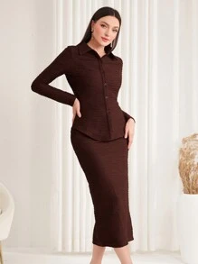 Modelyn 女性翻領襯衫和鉛筆裙套裝 - 咖啡棕 - 查看 1