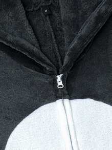 Men Shark Pattern Zip Front Fleece Hooded Loungewear Jumpsuit, For Fall Winter, Fluffy