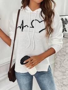 SHEIN LUNE Heart Pattern Drop Shoulder Drawstring Hooded Split Hem Sweater
