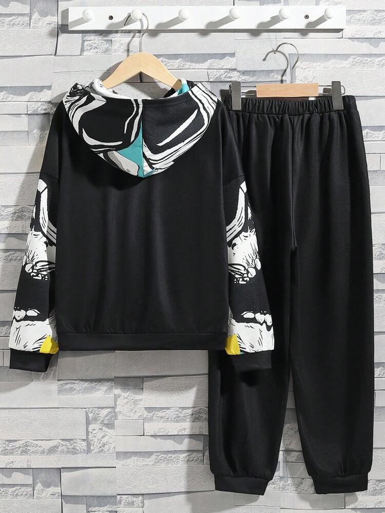 Boys And Girls Casual Printed Pattern Hooded Pullover Top Solid Color Pants Knitted Two-piece Set
