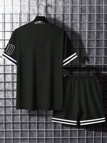 Manfinity Homme Men Letter Graphic Striped Trim Tee & Drawstring Waist Shorts