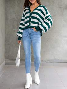 Striped Pattern Drop Shoulder Cardigan - Green - View 4