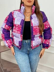 Calvaya Plus Paisley Scarf Print Zip Up Padded Padded Coat Clothes Winter - Purple - View 3