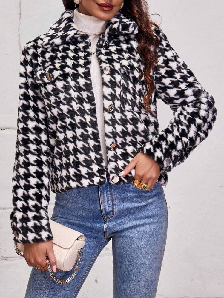 Houndstooth Print Flap Pocket Jacket Fall Cloth For Women