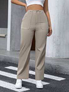 SHEIN Essnce Solid Wide Leg Pants - Khaki - View 6