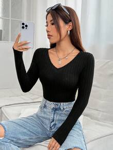 SHEIN PETITE Solid V Neck Tee - Black - View 4