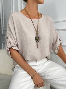 EURMUSE Solid Roll Up Sleeve Blouse - Apricot - View 4