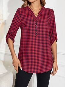 EMERY ROSE 格子襯衫配捲起的袖子 - 紅色 - 查看 3