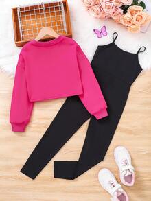 女大童汽車和字母圖案套頭衫&吊帶連體褲 - 玫紅色 - 查看 2