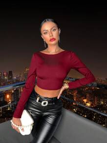 SHEIN SXY 女式性感露背長袖 T 卹 - 紅色 - 查看 6