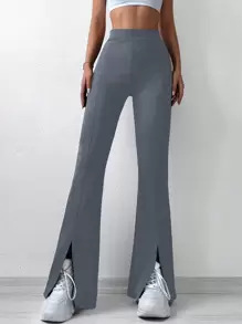 RueChic High Waist Split Hem Flare Leg Pants - Blue - View 1