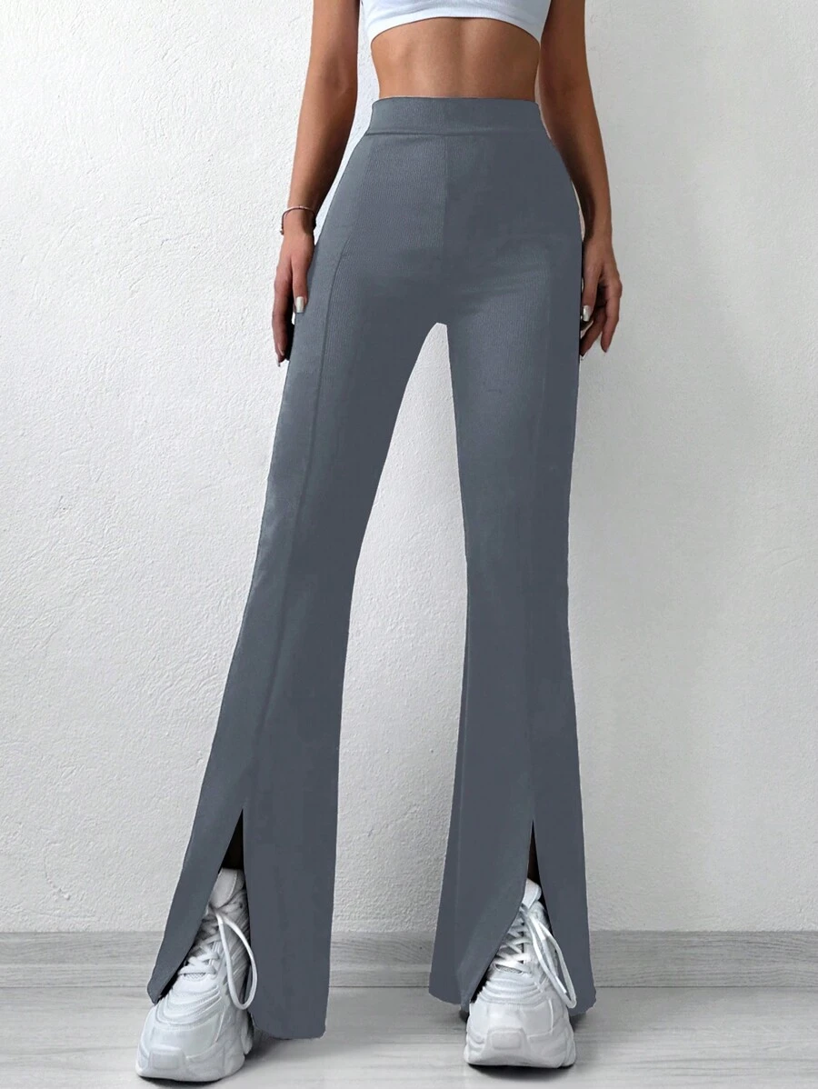 RueChic High Waist Split Hem Flare Leg Pants - Blue - View 1