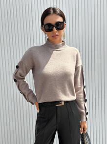 GENKIRA 休閒鈕扣純色女士毛衣 - 卡其色 - 查看 3