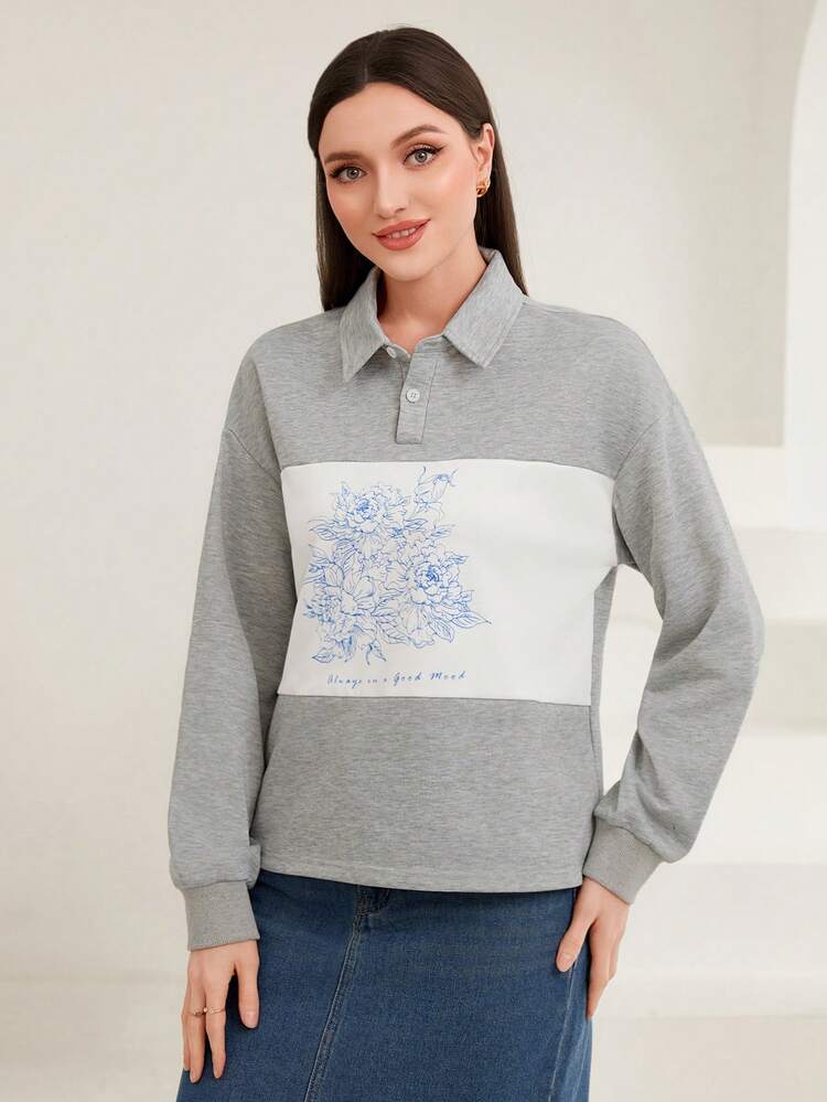 Floral Print Polo Neck Drop Shoulder Sweatshirt