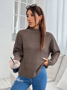 SHEIN PETITE 半高領下肩寬鬆毛衣 - 咖啡棕 - 查看 4