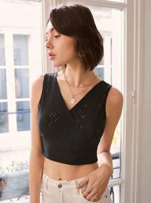 SHEIN Frenchy Eyelet Embroidery Crop Tank Top - Black - View 3