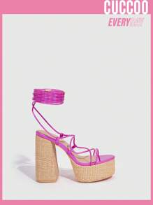 女鞋開框帶高跟厚底涼鞋,適用於春夏季 - 玫紅色 - 查看 2