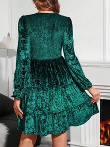 SHEIN Clasi Vestido de manga farol bajo con fruncido de terciopelo - Verde Oscuro - Ver 2