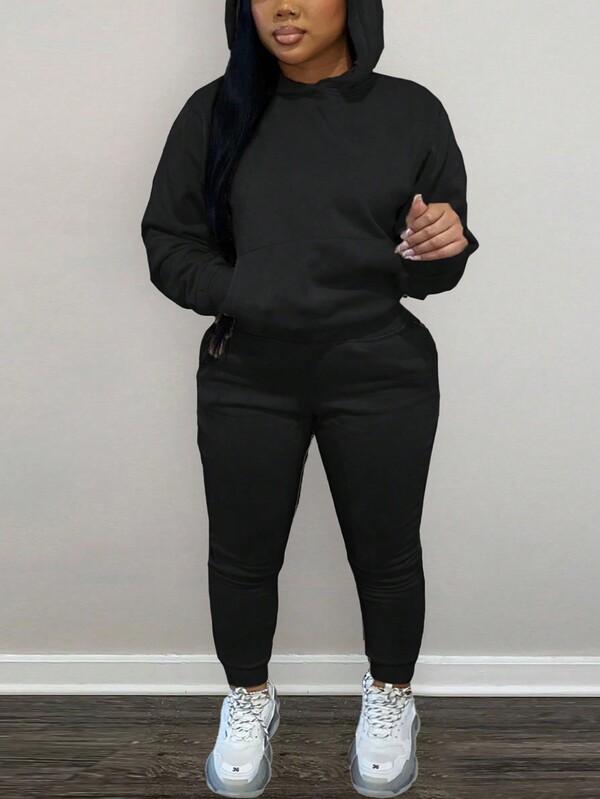 Fashion Plus Size Women's Hooded Sweatshirt With Large Pockets, Autumn And Winter Streetwear Set