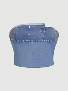 SHEIN MOD Áo khoác denim nữ Bất đối xứng Nút phía trước màu trơn Giải trí - Rửa nhẹ - Xem 2