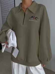 DAZY Slogan & Mountain Embroidery Half Zipper Sweatshirt,Long Sleeve Tops,Fall Women Clothes - Army Green - View 3