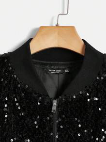 SHEIN Essnce 大碼星星補丁貼拉鏈開襟亮片飛行員夾克 - 黑色 - 查看 3