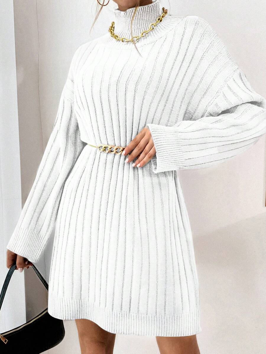 EURMUSE High Neck Drop Shoulder Sweater Dress Without Belt
