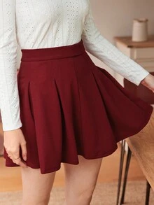 SHEIN Frenchy High Waist Fold Pleated Skirt - Burgundy - View 3