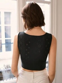 SHEIN Frenchy Eyelet Embroidery Crop Tank Top - Black - View 2