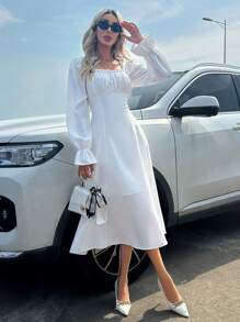 GENKIRA Cổ vuông tay áo lá sen Nếp gấp Phần Ngực Đầm - trắng - Xem 3