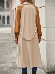 SHEIN LUNE Two Tone Double Breasted Belted Trench Coat - Khaki - View 2